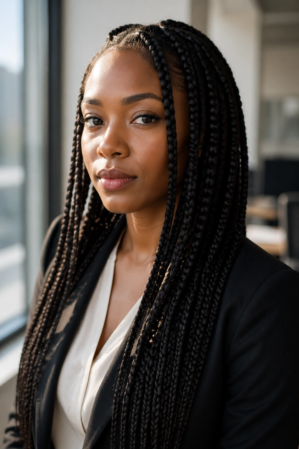 Close-up portrait of a real woman with long box braids in a professional office setting