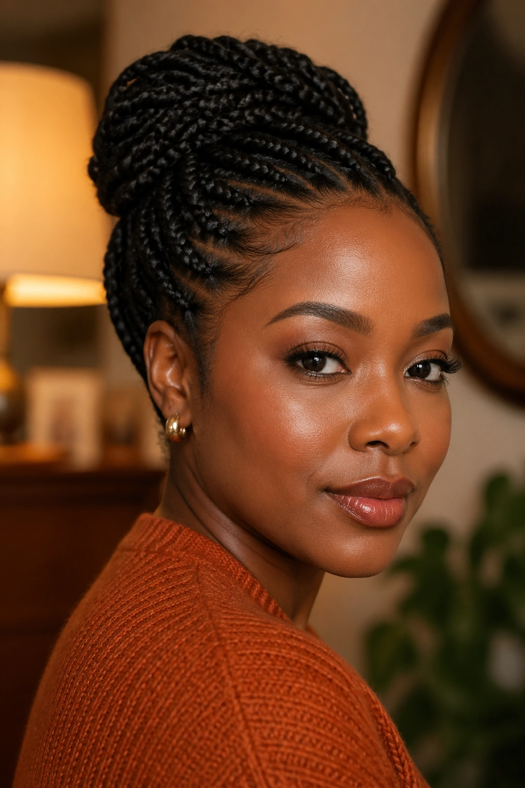 Real person with protective hairstyle in a warm indoor setting.