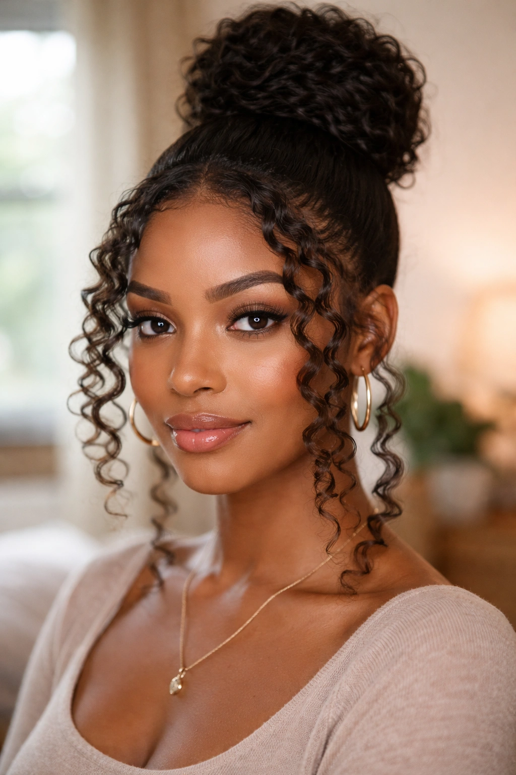 Close-up of protective bun with faux curls framing the face on a real woman