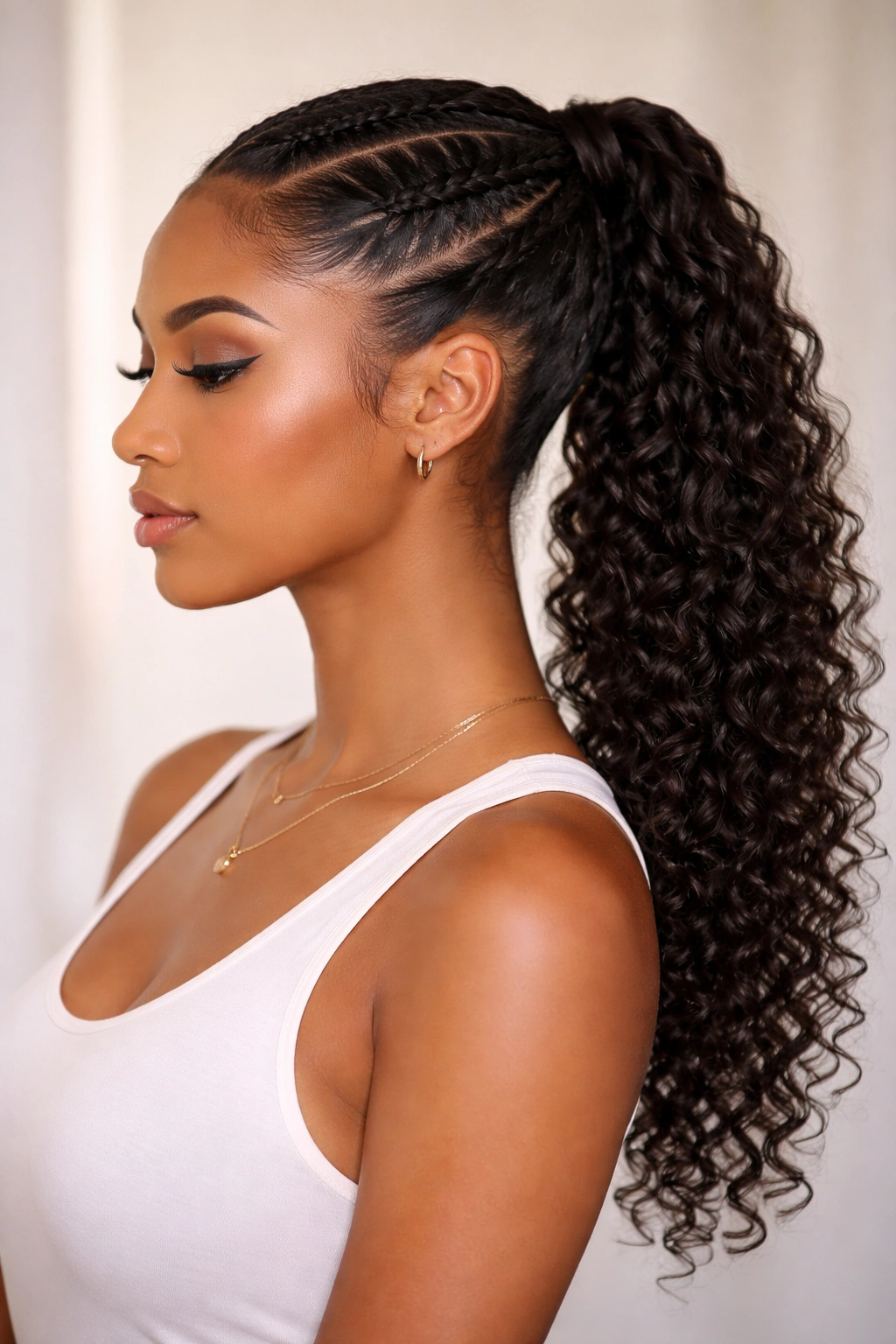 Profile view of a protective side braided ponytail on curly hair