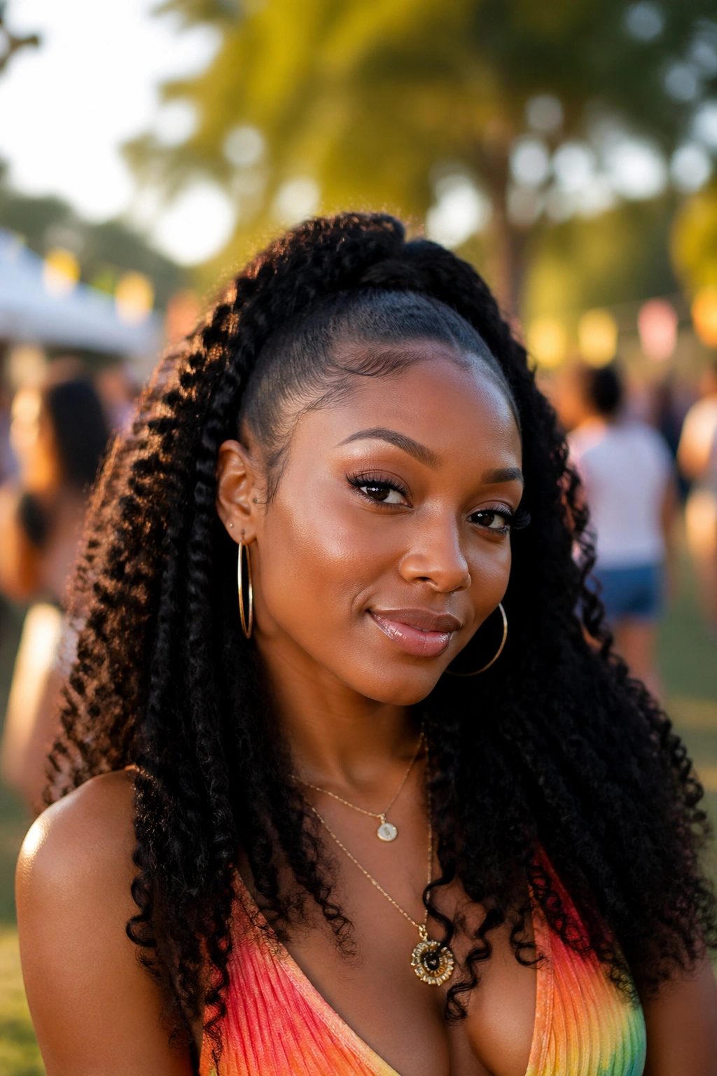 Medium close-up of a person wearing a protective half-wig blended with natural hair.