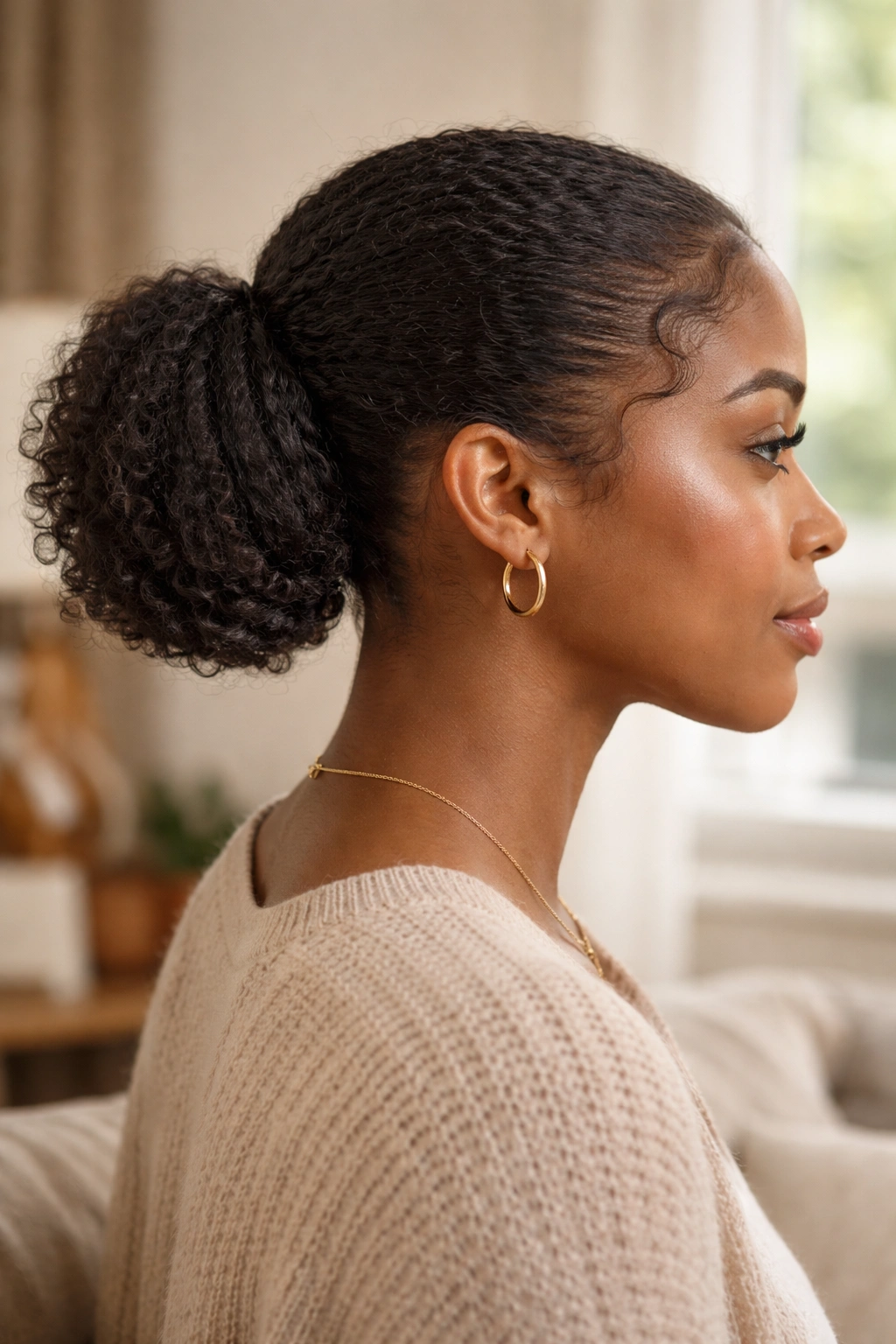 Side-profile of a real woman with a protective ponytail and tucked ends