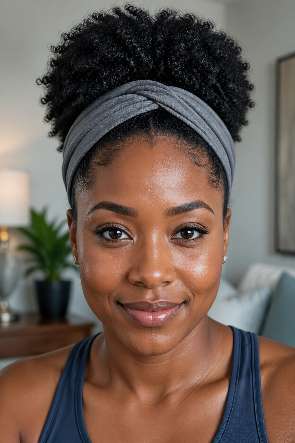Front portrait of a person wearing a wide headband with a protective puff behind