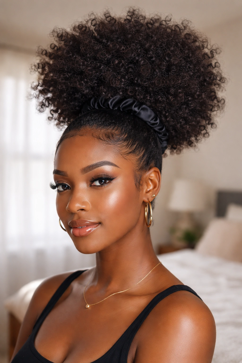 Close-up of real person with high protective puff and defined edges