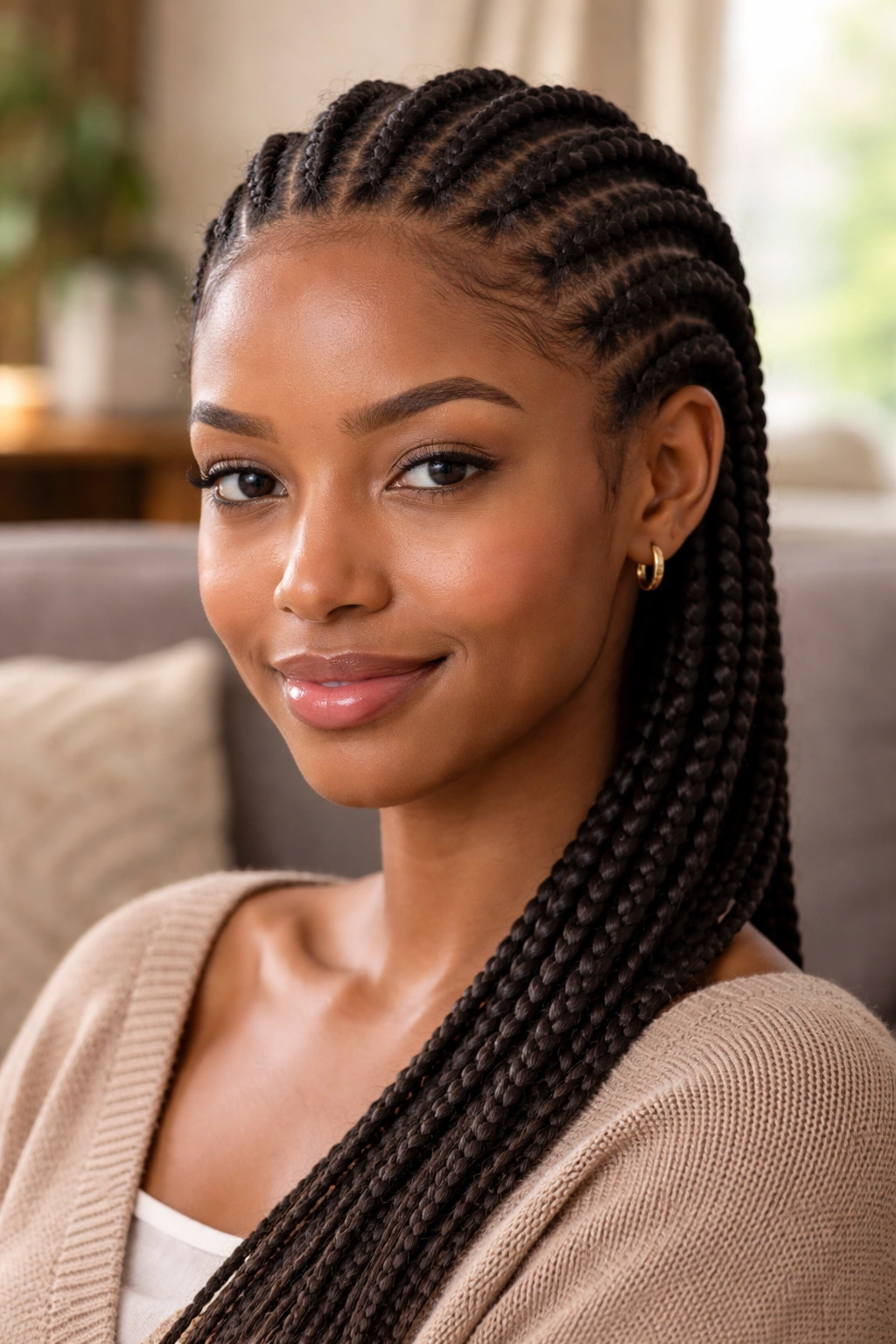 Close-up portrait showing healthy scalp and balanced tension in cornrows.