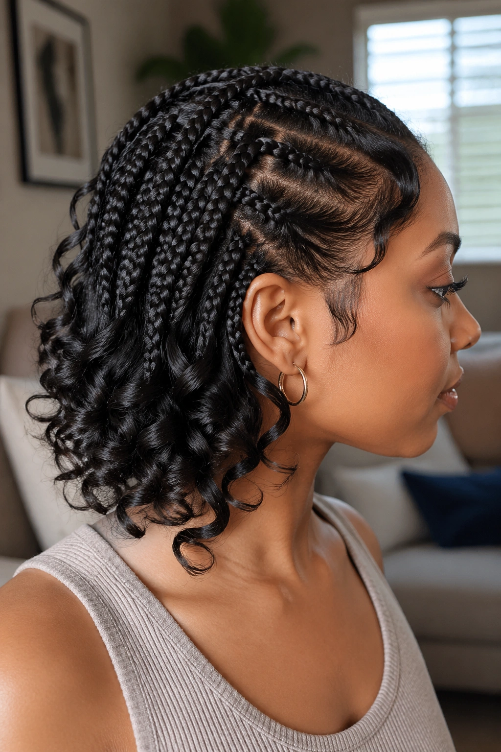 Close-up of braided ends curled on a protective hairstyle on a real woman