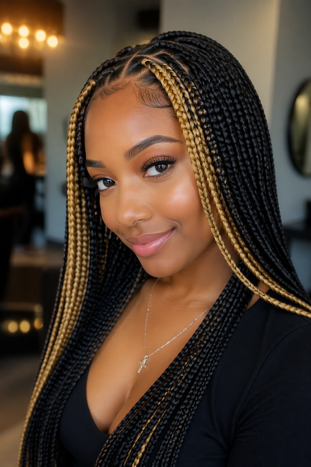 Close-up of real woman with golden money piece in protective braids