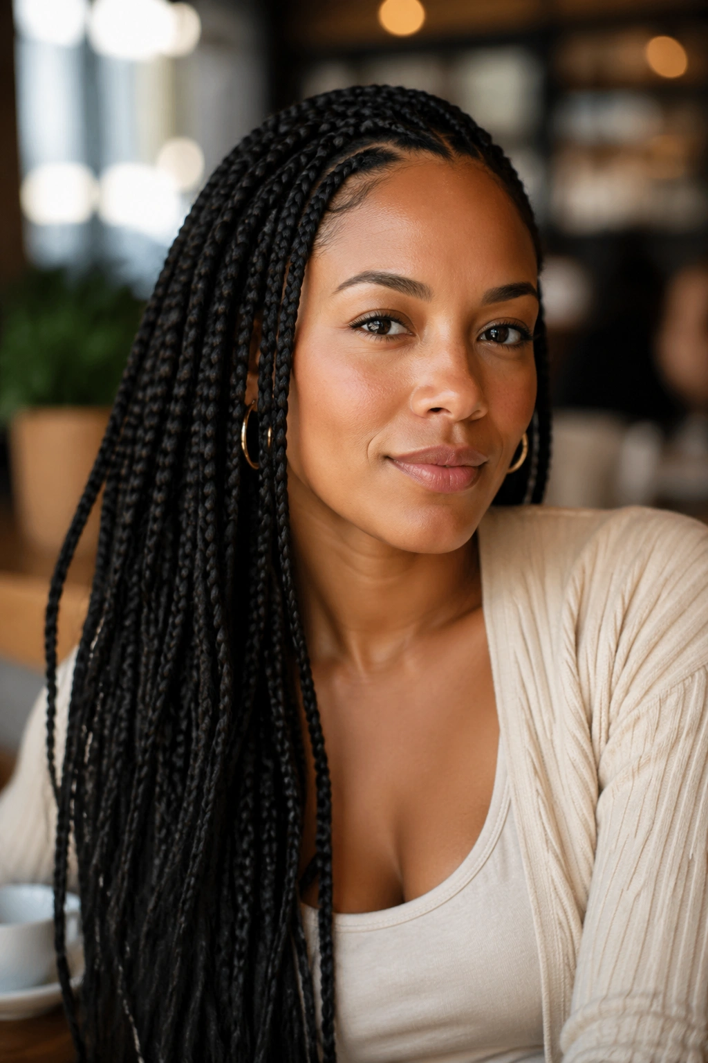 Portrait of a real woman with box braids in a cafe setting, protective style dominating the frame