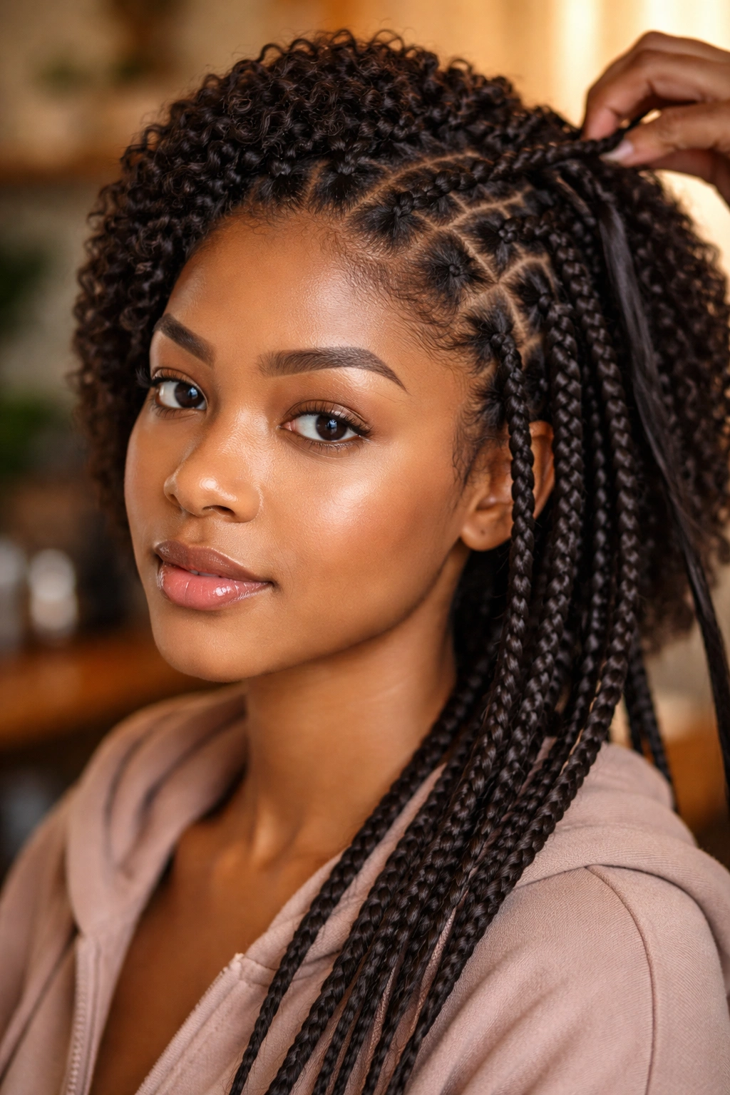 Woman with sponge-defined roots and starting protective braids.