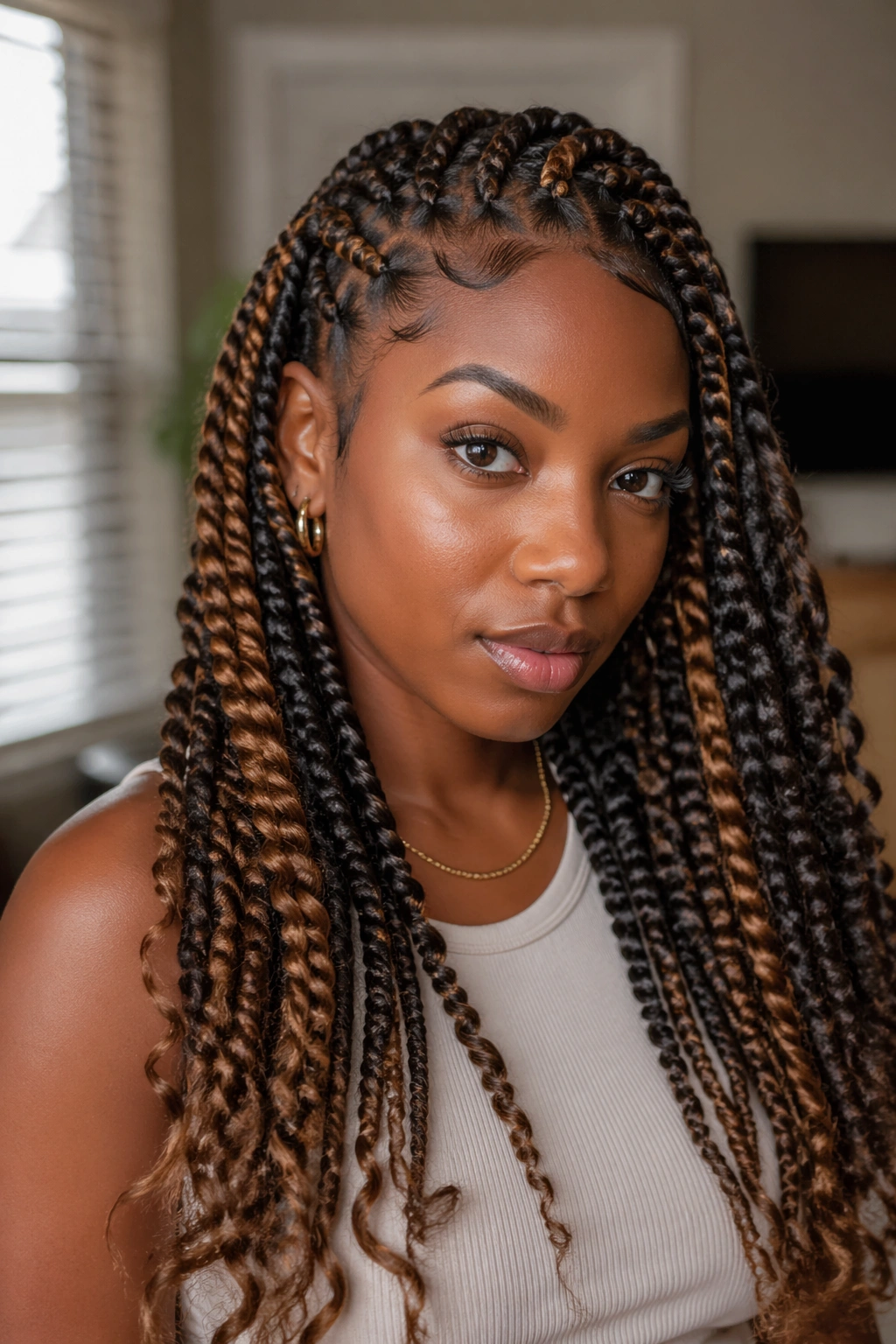 Close-up of real person with caramel highlights woven into protective braids or twists