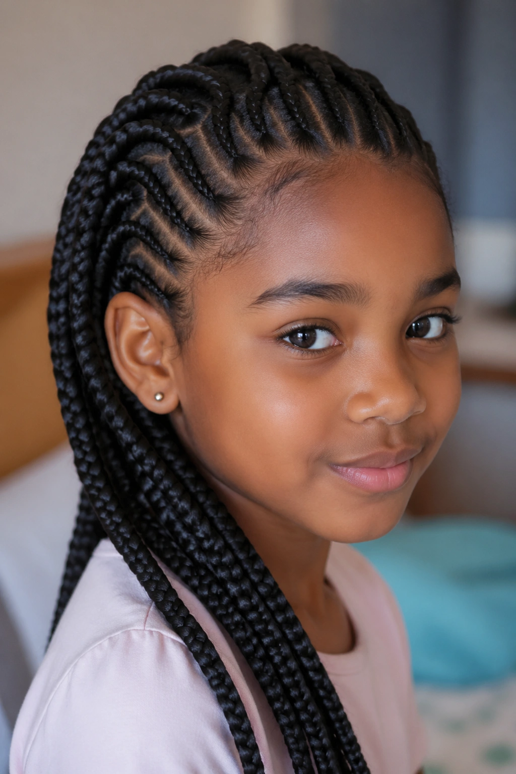 Close-up of a girl with protective braids across her head