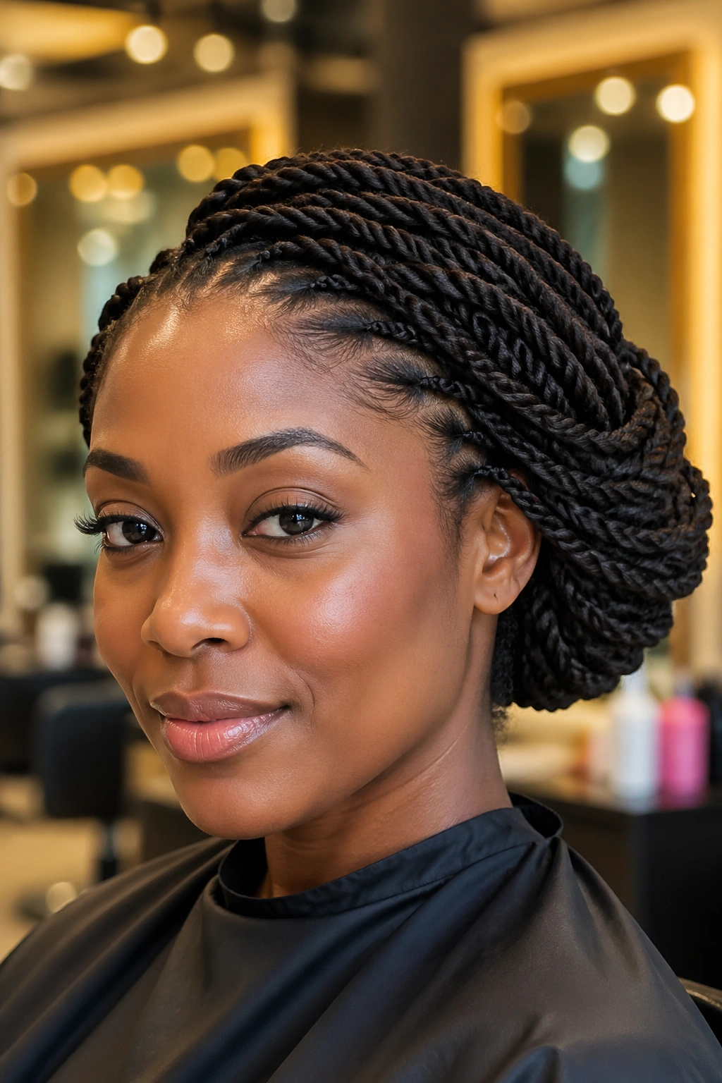 Real woman with protective twists in warm salon lighting