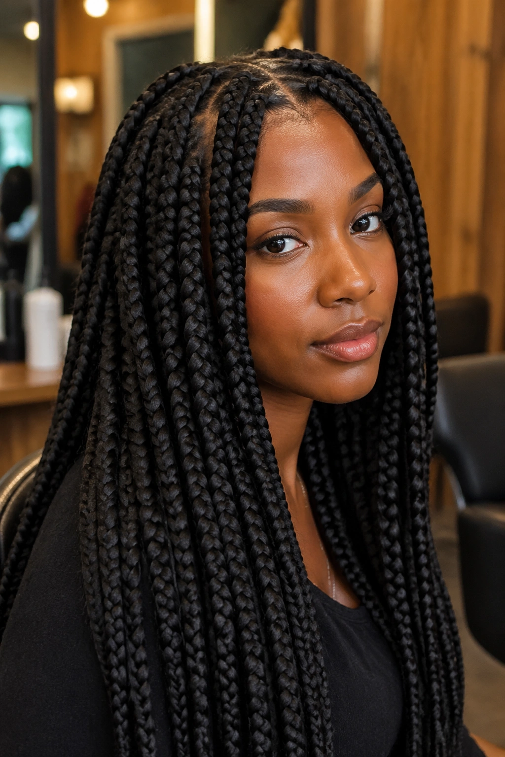Real woman with jumbo box braids in a warm indoor setting