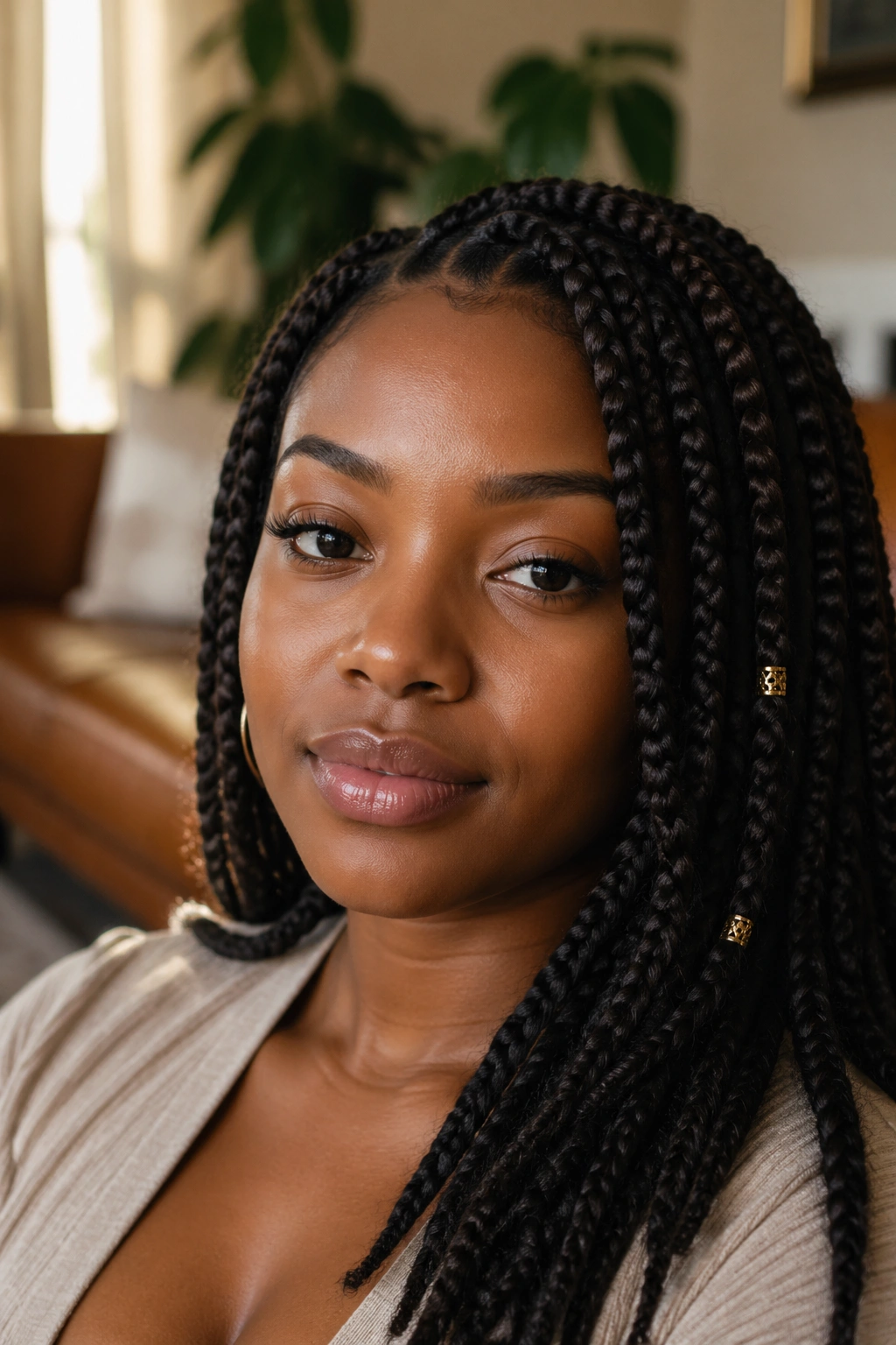 Close-up of a Black woman with protective braids filling the frame
