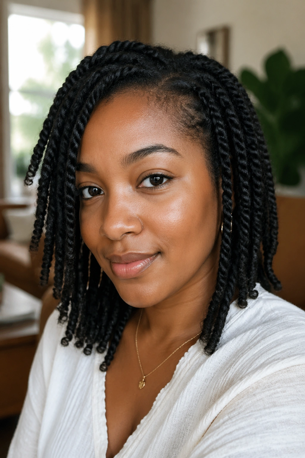 Real woman in a loose protective hairstyle protecting fine natural hair.