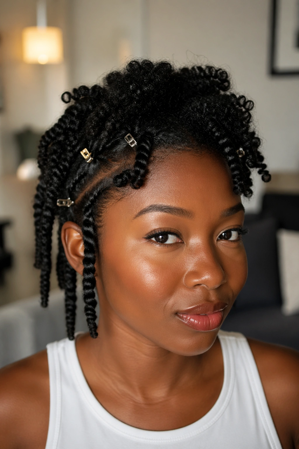 Close-up of a real person with protective twist out and loose pinned sections