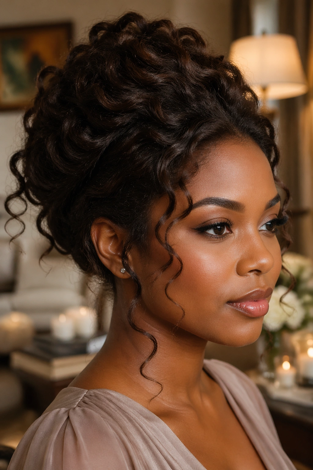 Close-up of a real woman with a chocolate brown protective updo filling the frame