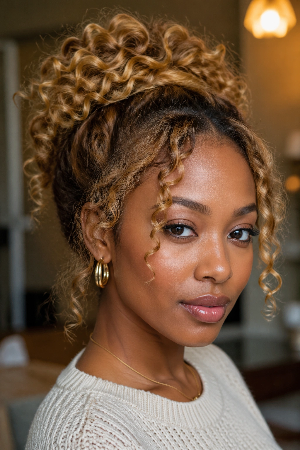 Real woman with a honey blonde protective updo and soft face-framing pieces.