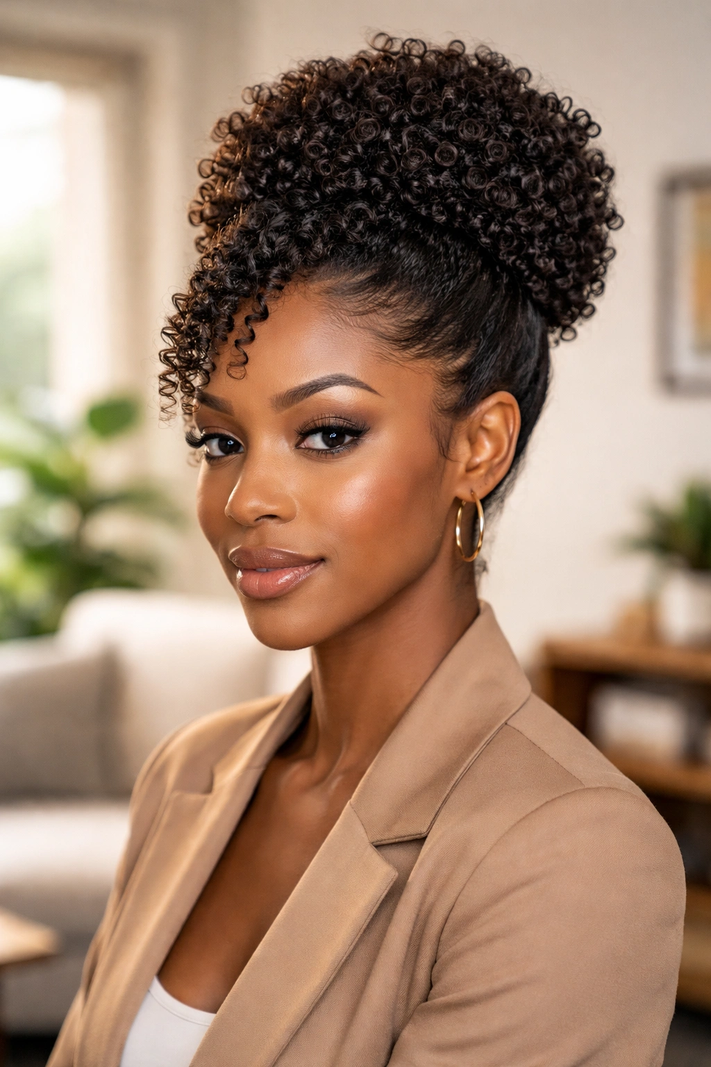 Close-up of a real woman's tight curl protective updo showing tucked ends.