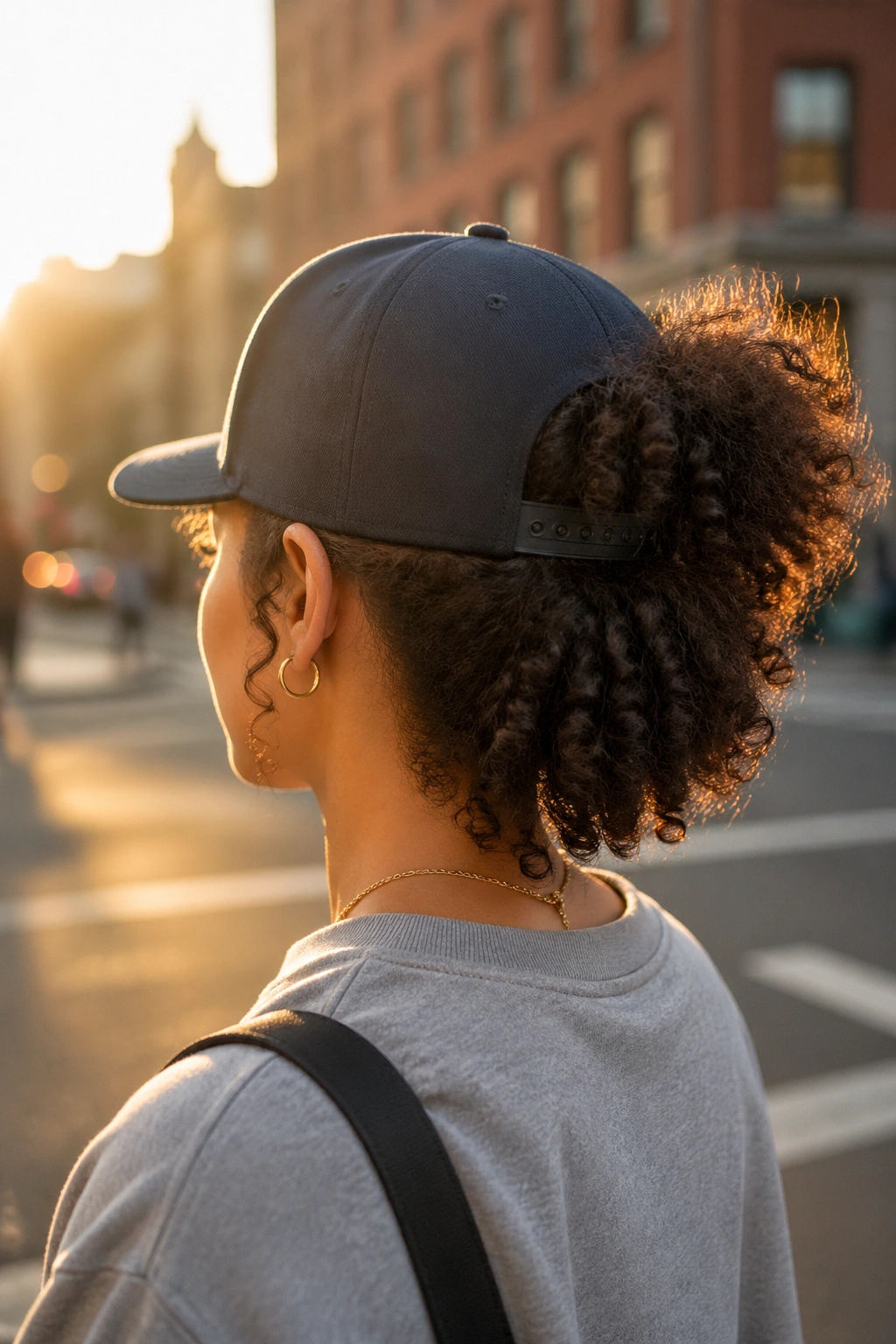 Rear view of person with puff through back opening of a cap