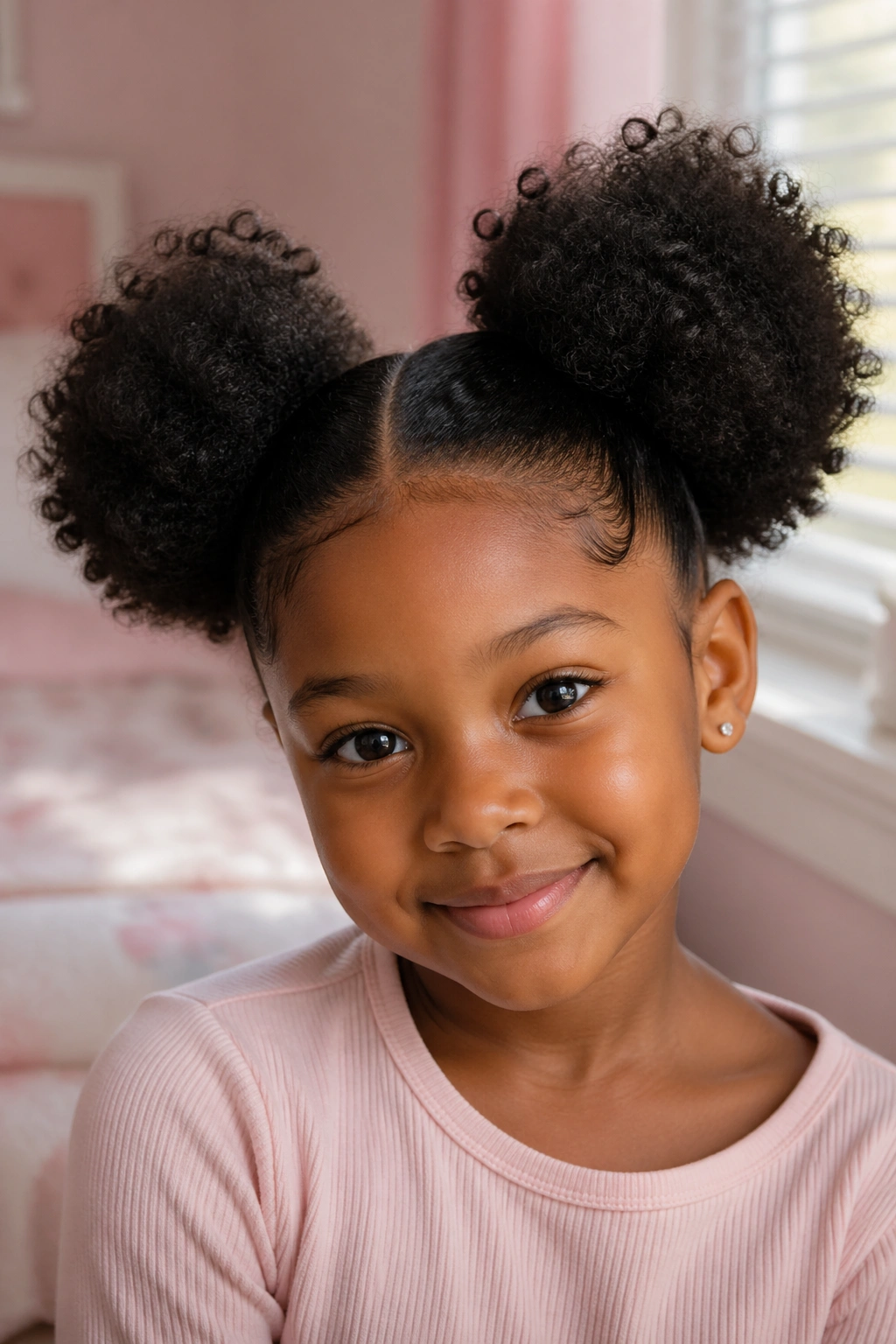Close-up of a child with two fluffy puff balls on sides of her head