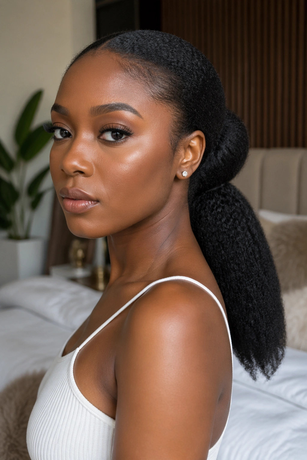 Close-up of a real woman with a puff-base low ponytail at the nape