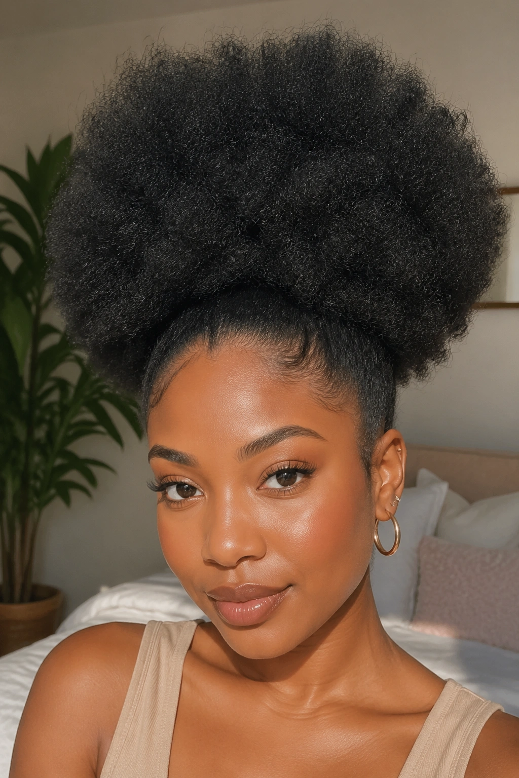 Close-up of a real woman with a blown-out puff, large crown and texture.