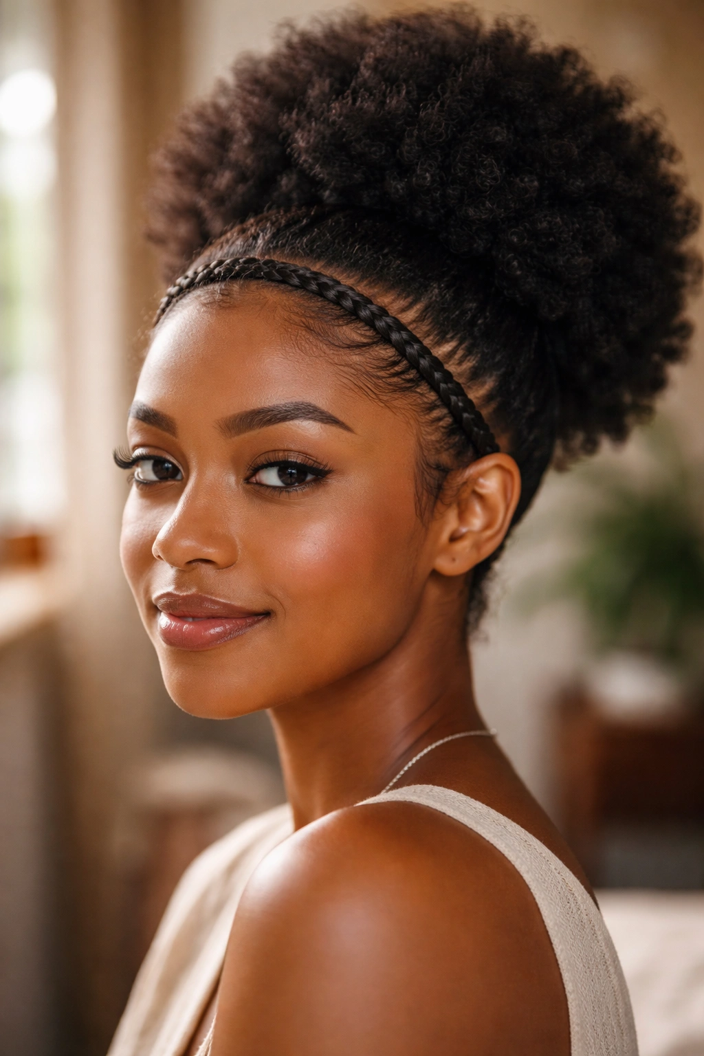 Close-up of a real woman wearing a puff with a braided headband along the hairline