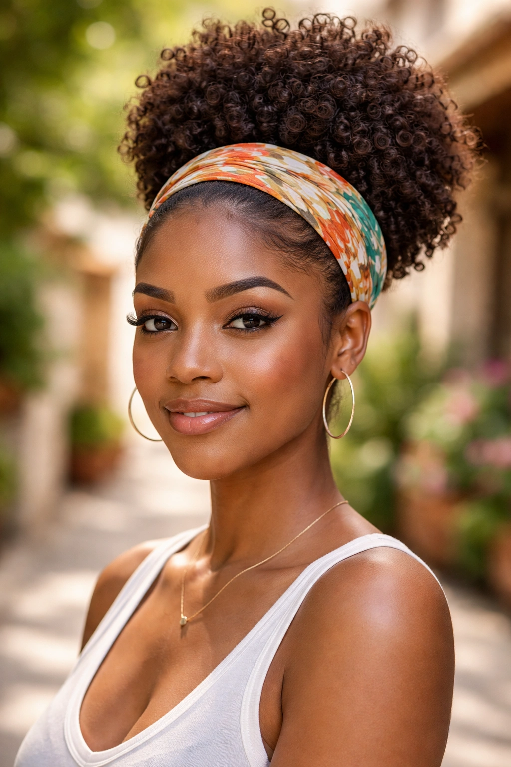 Portrait of a woman with a large puff bun and a wide headband.