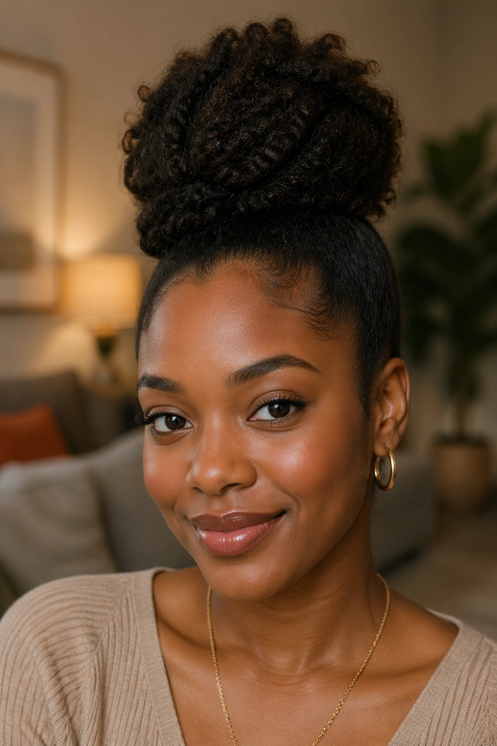 Close-up of a real person with a puff bun hybrid hairstyle