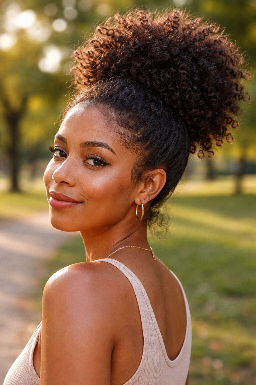 Portrait of a woman with a voluminous puff bun outdoors during golden hour
