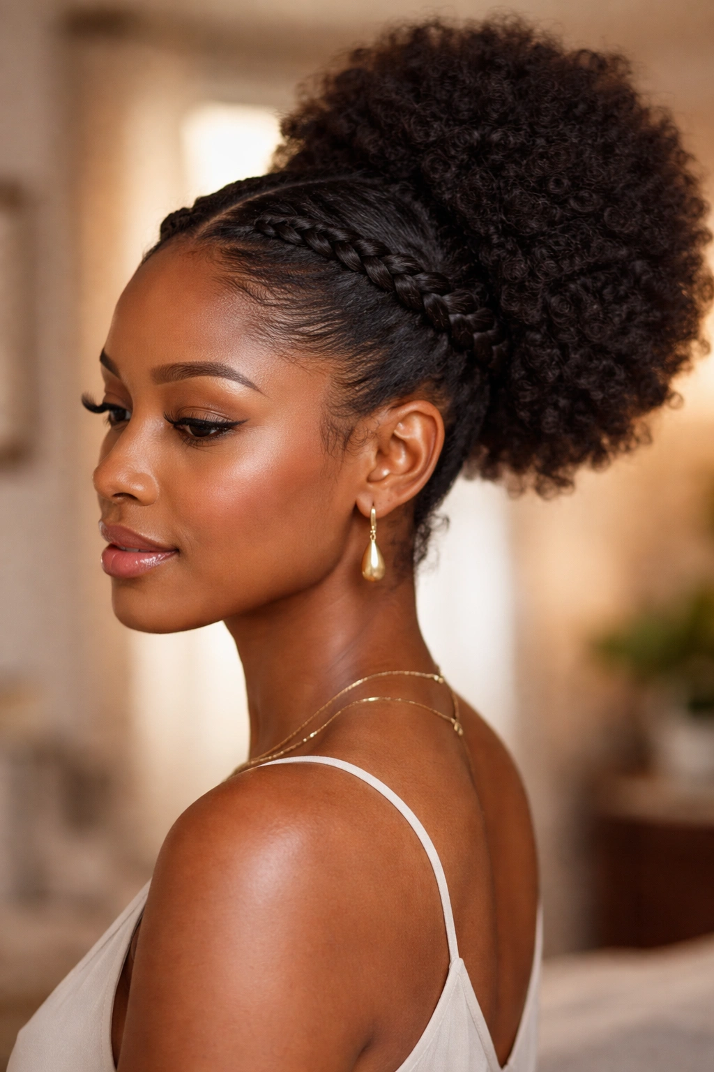 Profile of a real woman with a crown braid and behind-the-ear puff