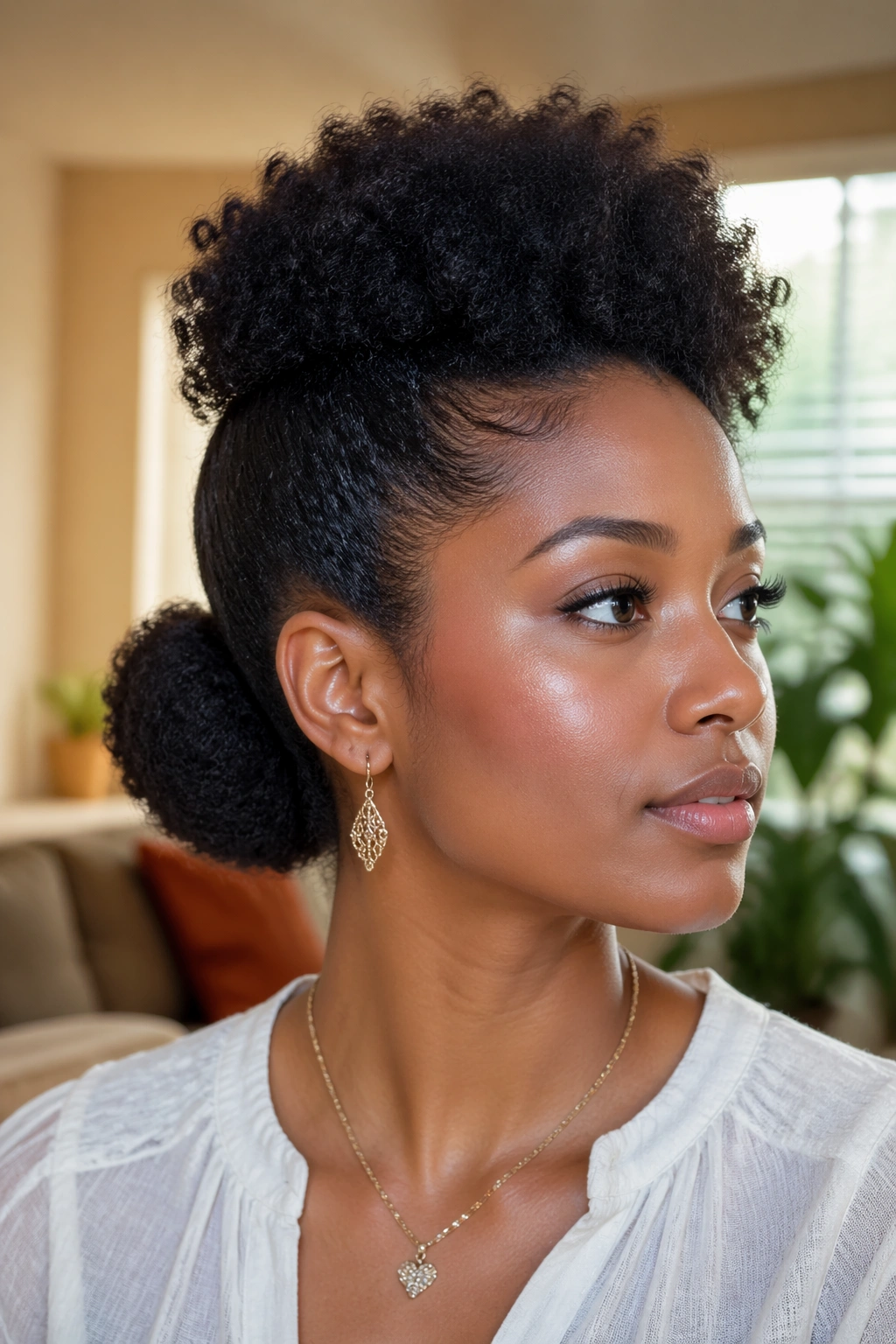 Close-up of a real woman with a puff crown and a low bun