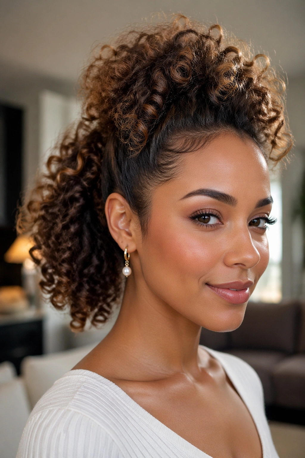 Close-up of a real woman with a puff-crown ponytail and voluminous crown in a cozy living room