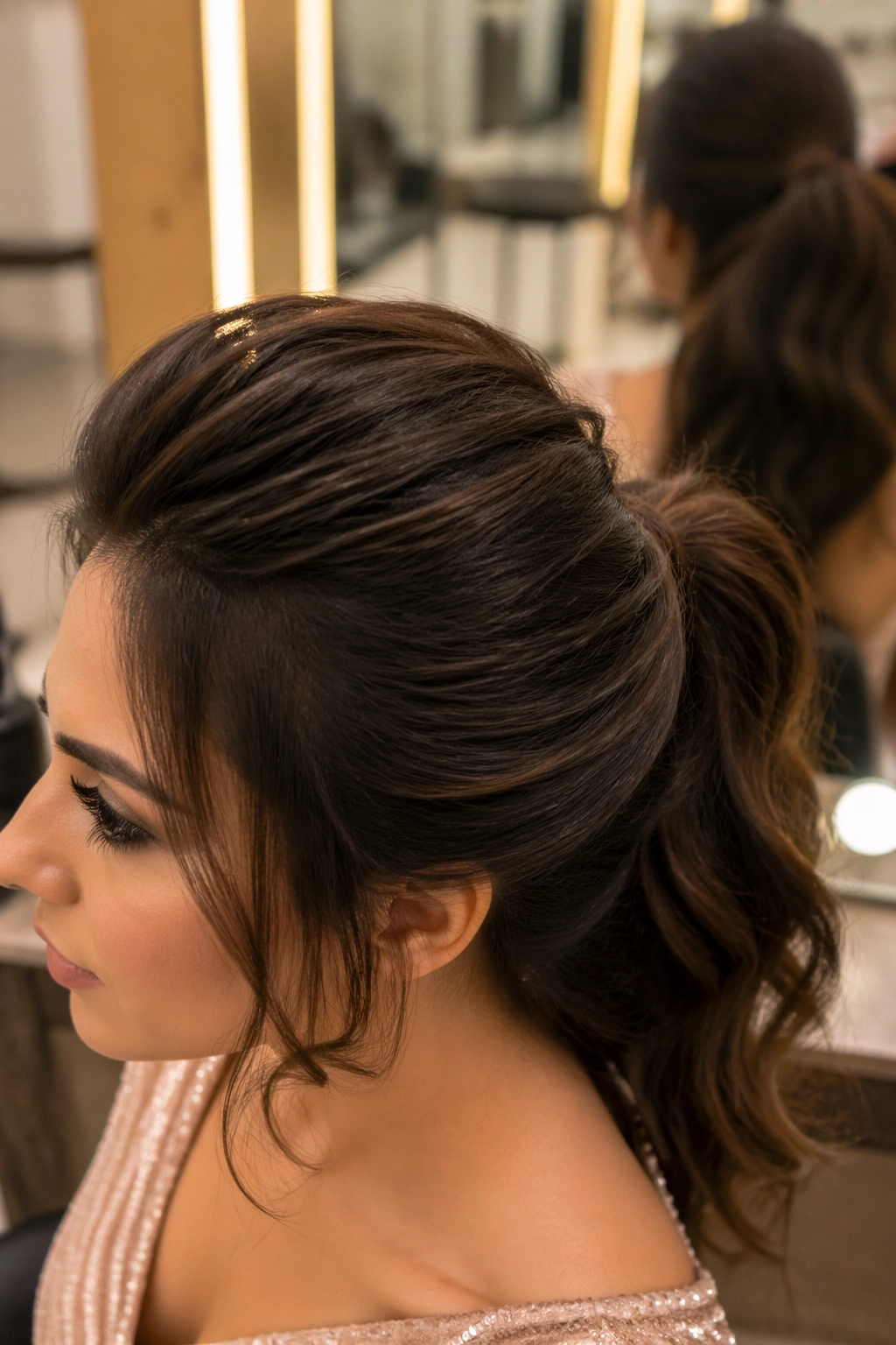 Close-up of puff crown ponytail with front volume in a salon.