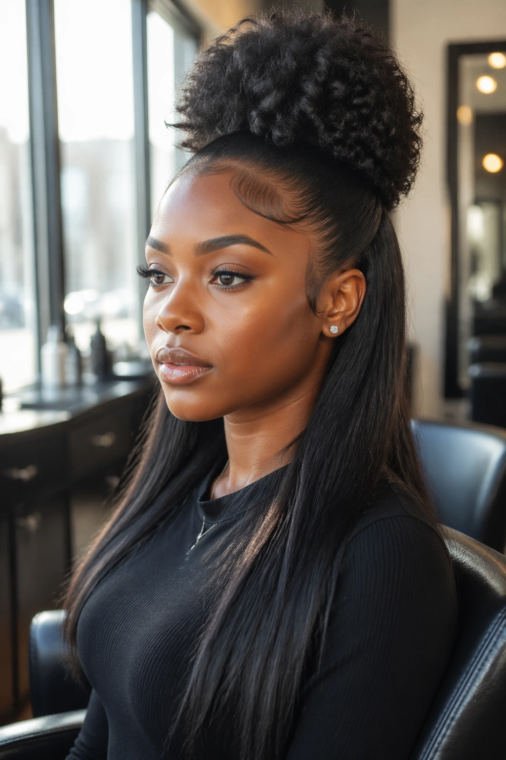 Portrait of a woman with a puff crown and sleek back length weave in natural daylight