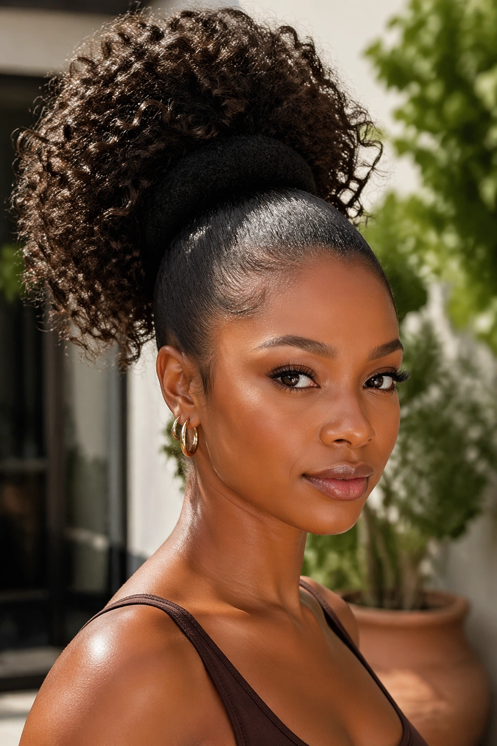 Close-up of real woman with puff cuff faux ponytail showing high puff and rounded base