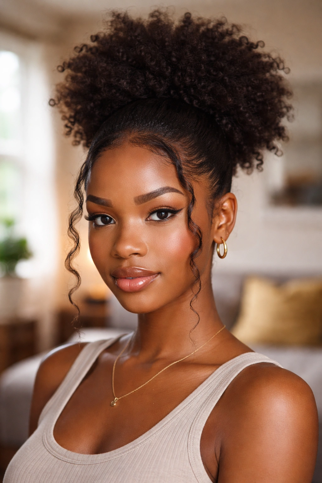Puff with face-framing pieces curling at the cheeks