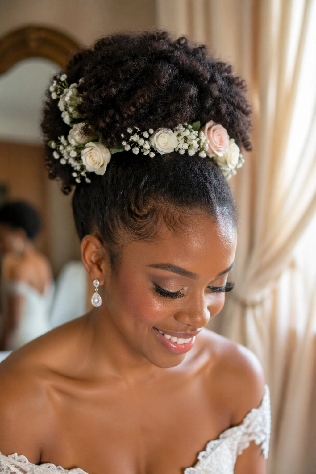 Close-up of a bride's crown puff with floral accents and natural window light
