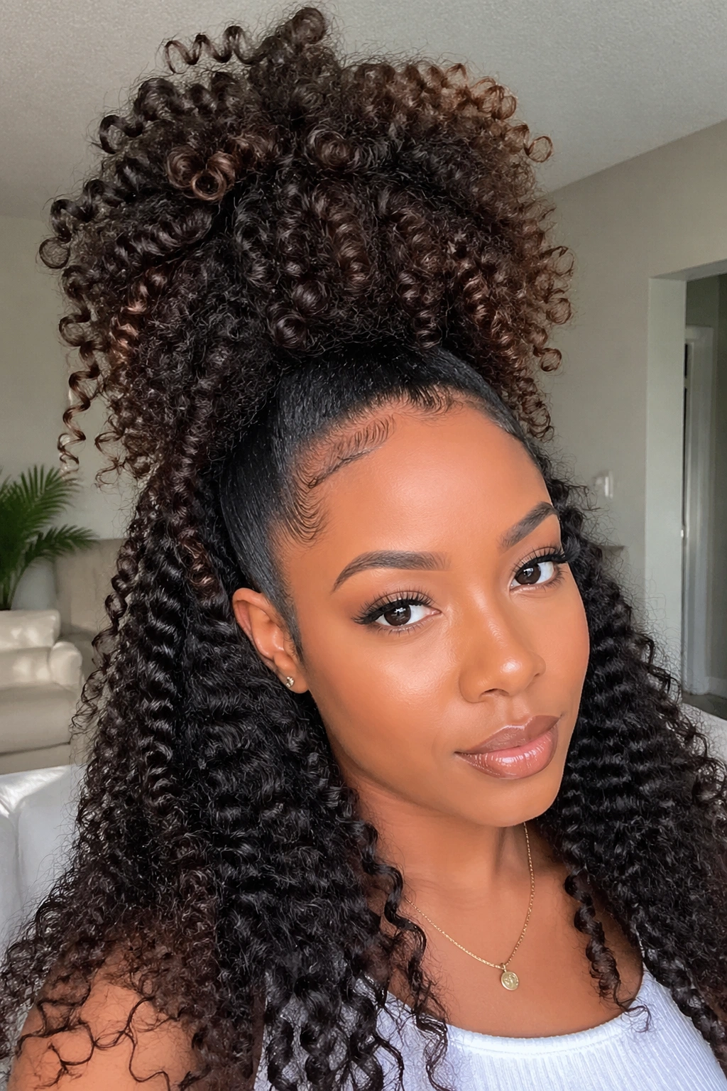 Portrait of a woman with a dramatic crown puff hairstyle on long natural curls.