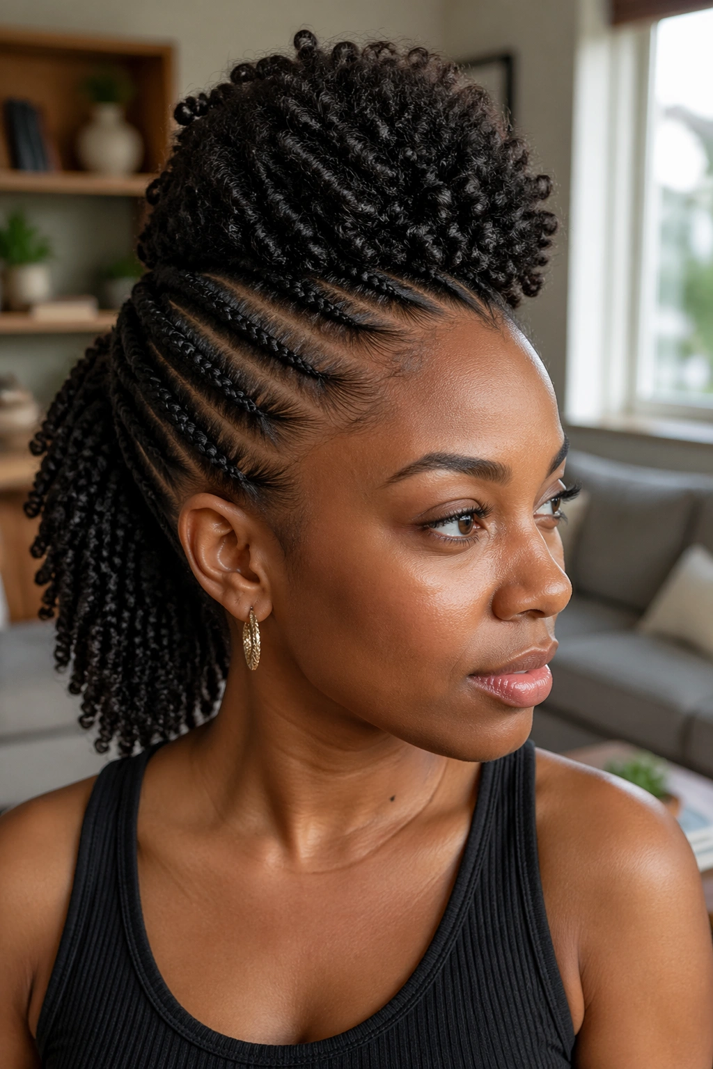 Close-up of puff-to-pony twist hybrid on a real woman showing crown puff and ponytail