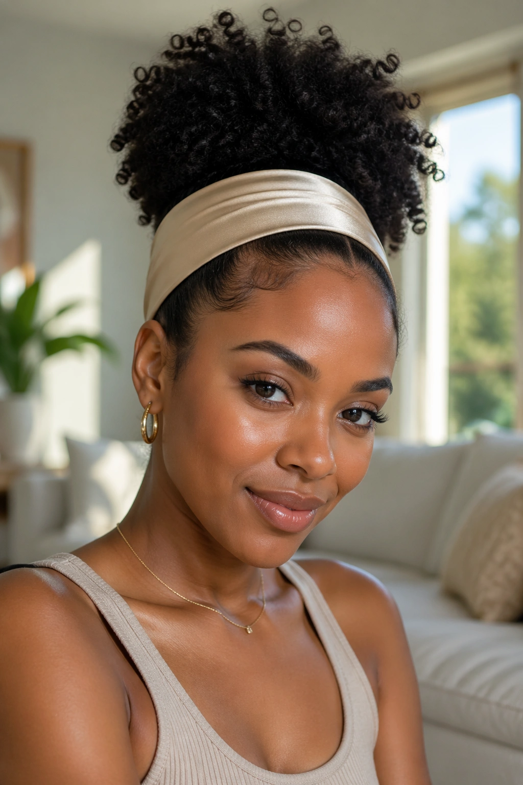 Close-up of a real woman with a high puff and wide satin headband in a sunny living room.