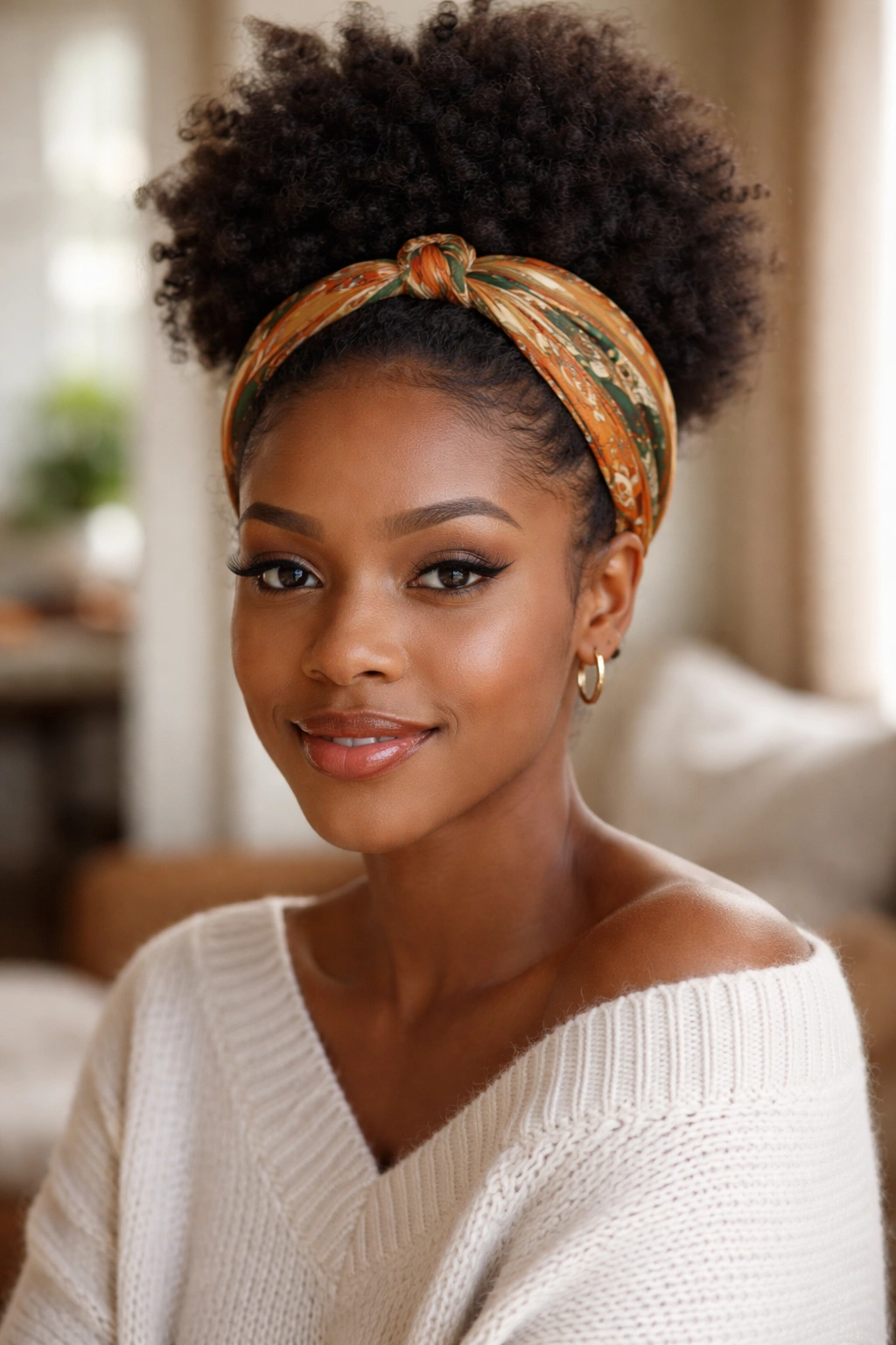 Portrait of a real woman with puff and silk scarf headband wrapped at the hairline