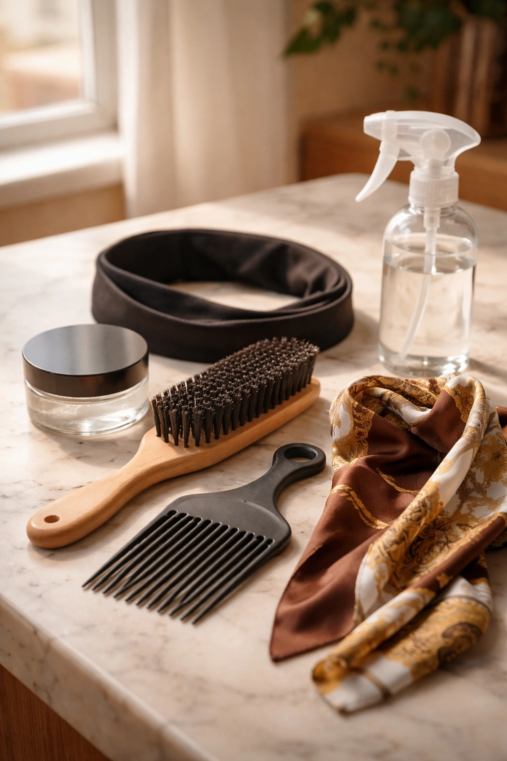 Still life of five puff tools on a vanity