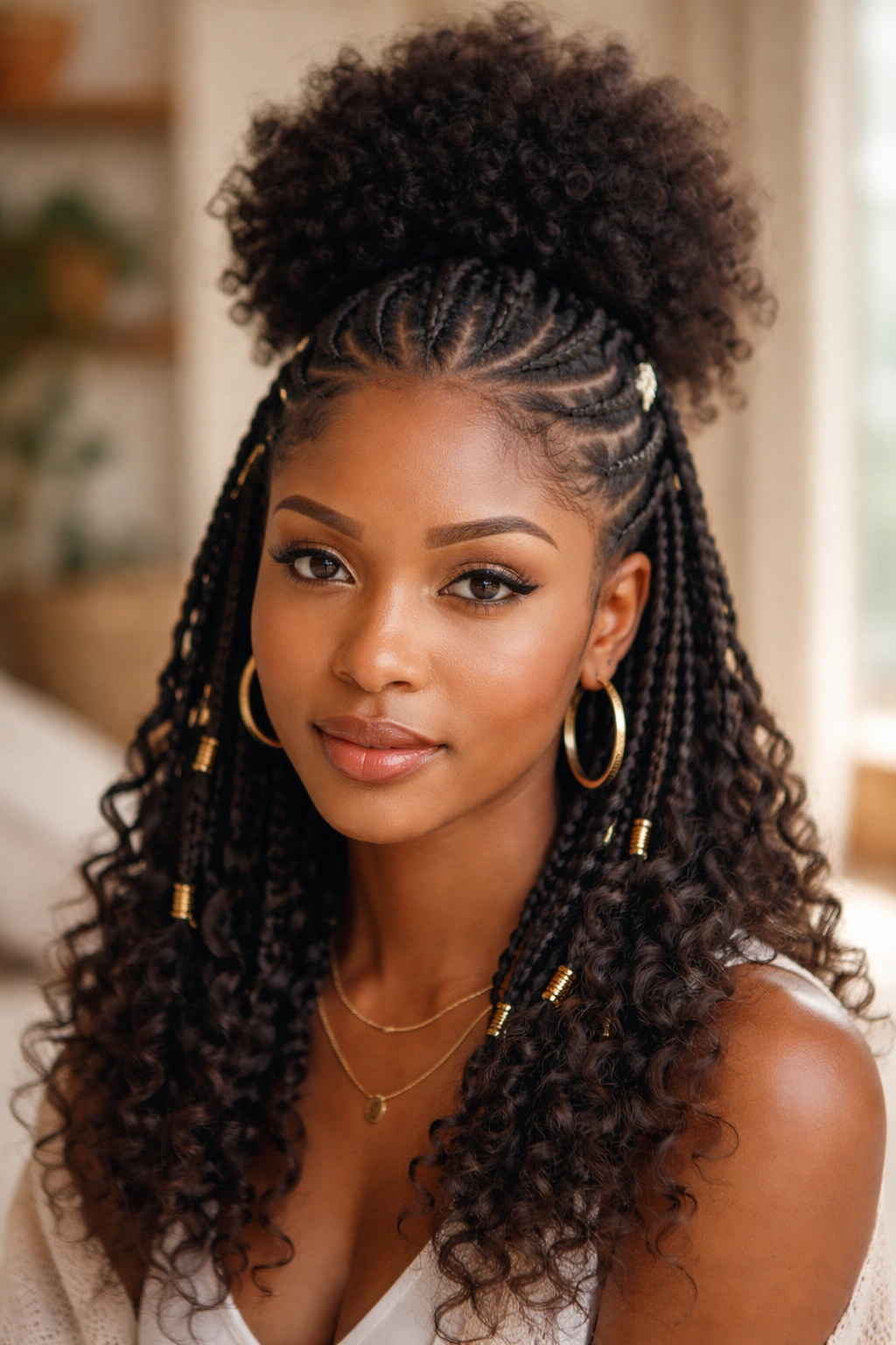 Close-up of a real woman's Fulani braids with a crown puff