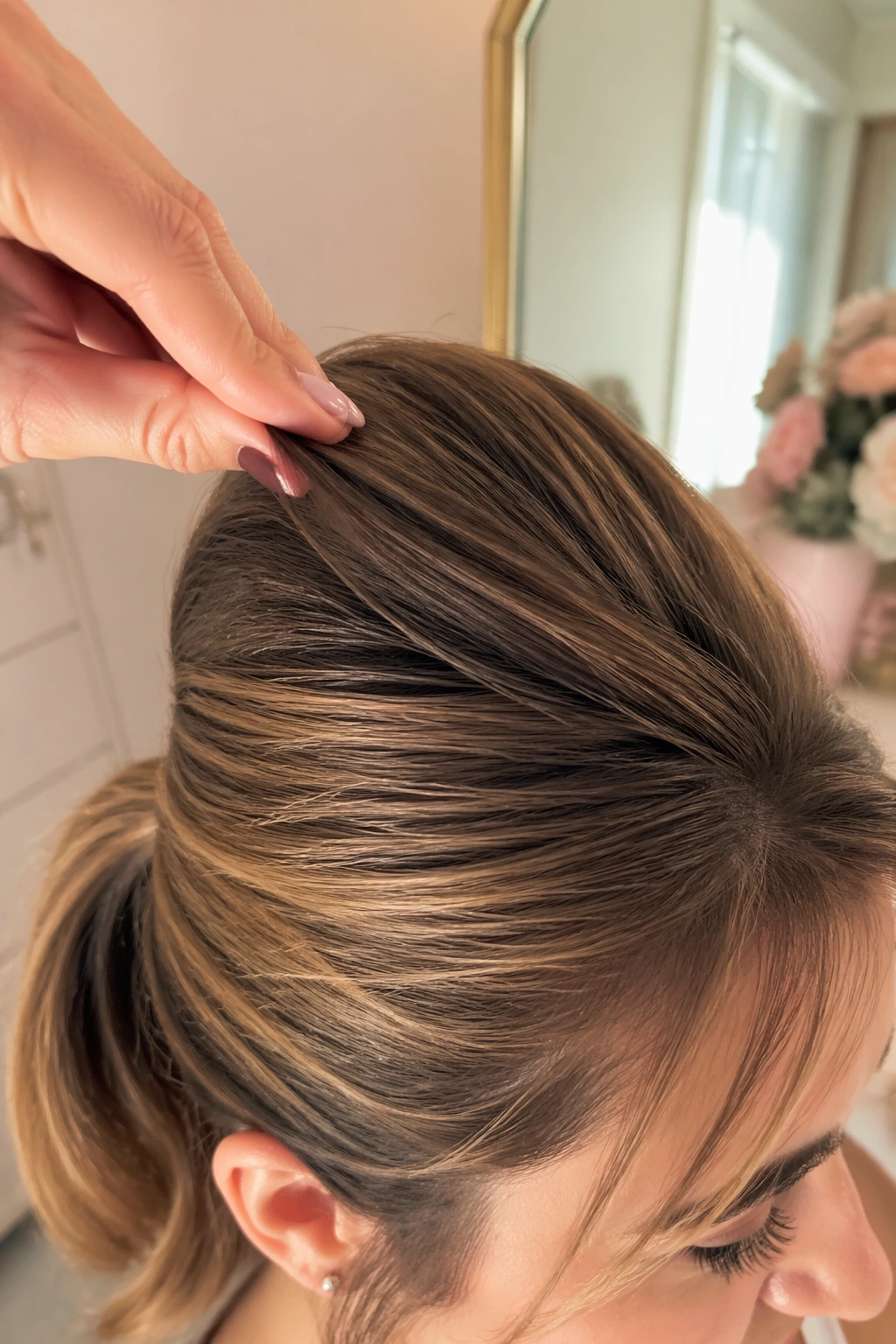 Close-up puffed crown ponytail with crown lift in soft room light