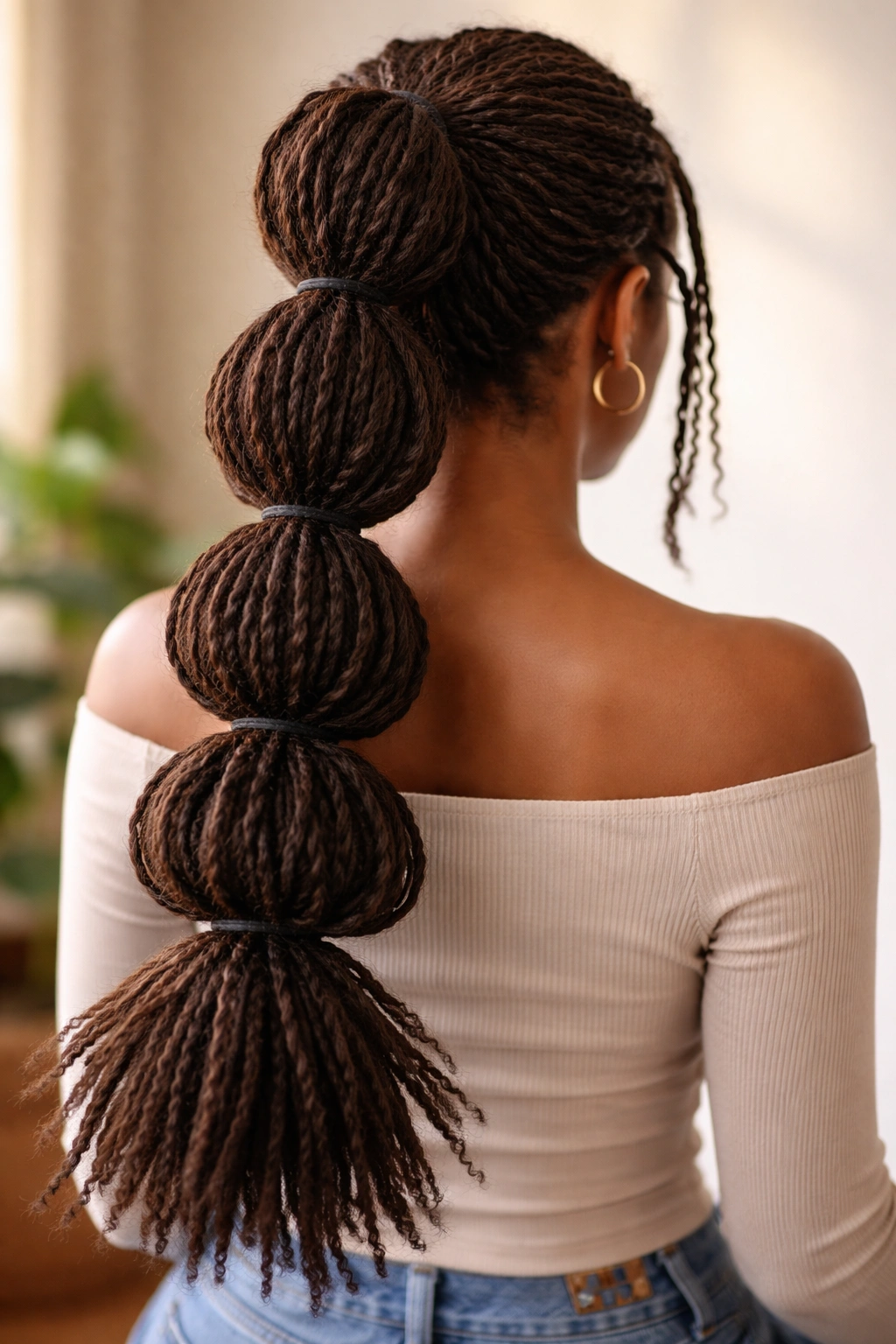 Voluminous puffy bubble ponytail on locs with rounded, separated bubbles