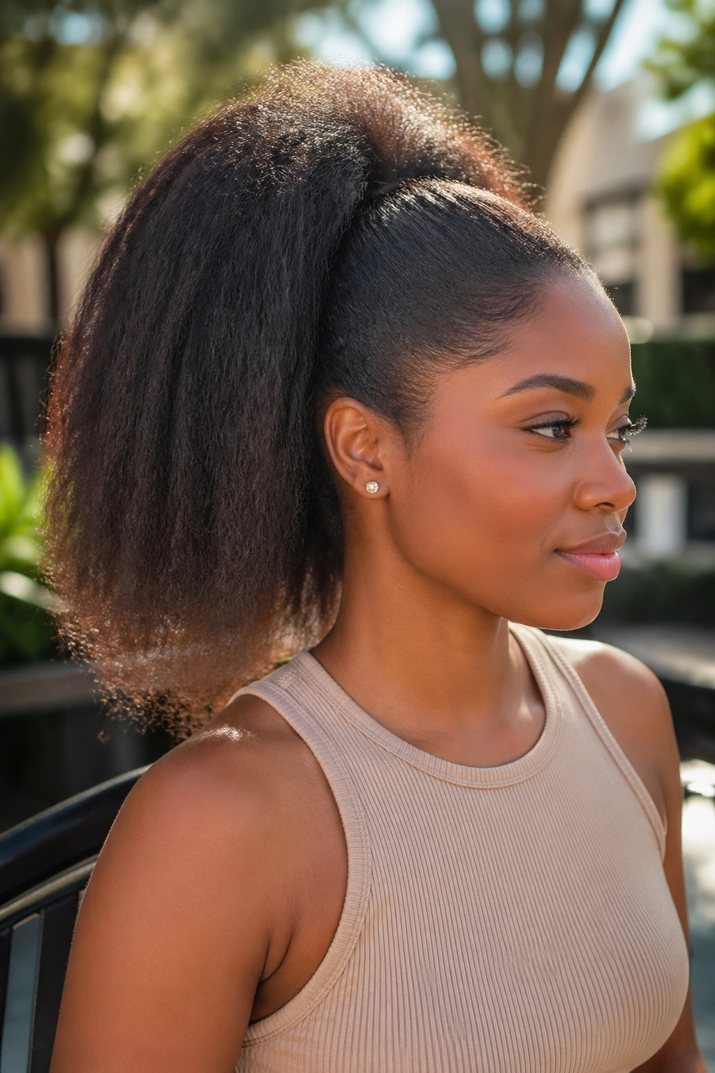 Close-up of a real woman with a voluminous puff and textured ponytail