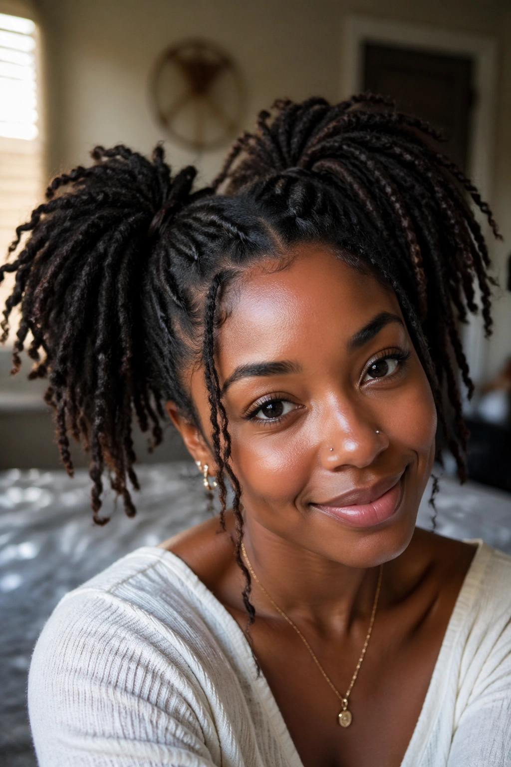 Real woman with soft, puffy twin ponytails in a cozy room
