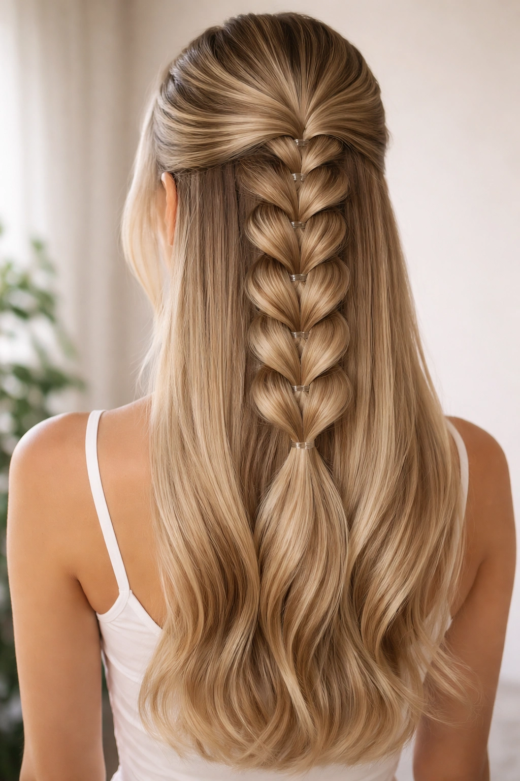 Close-up of a voluminous pull-through braid in a half-up hairstyle